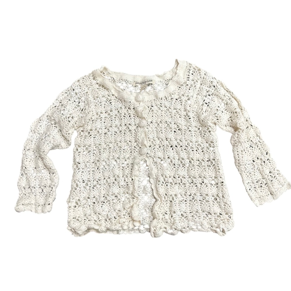 Carolyn Taylor Petite Cream Crochet Cardigan Sweater Scalloped Pointelle PXL